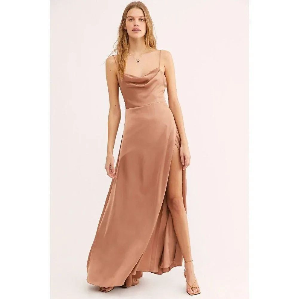 NEW FREE PEOPLE FAME & PARTNERS Sz 4 THE ROSABEL SATIN MAXI DRESS WITH SLIT GOLD